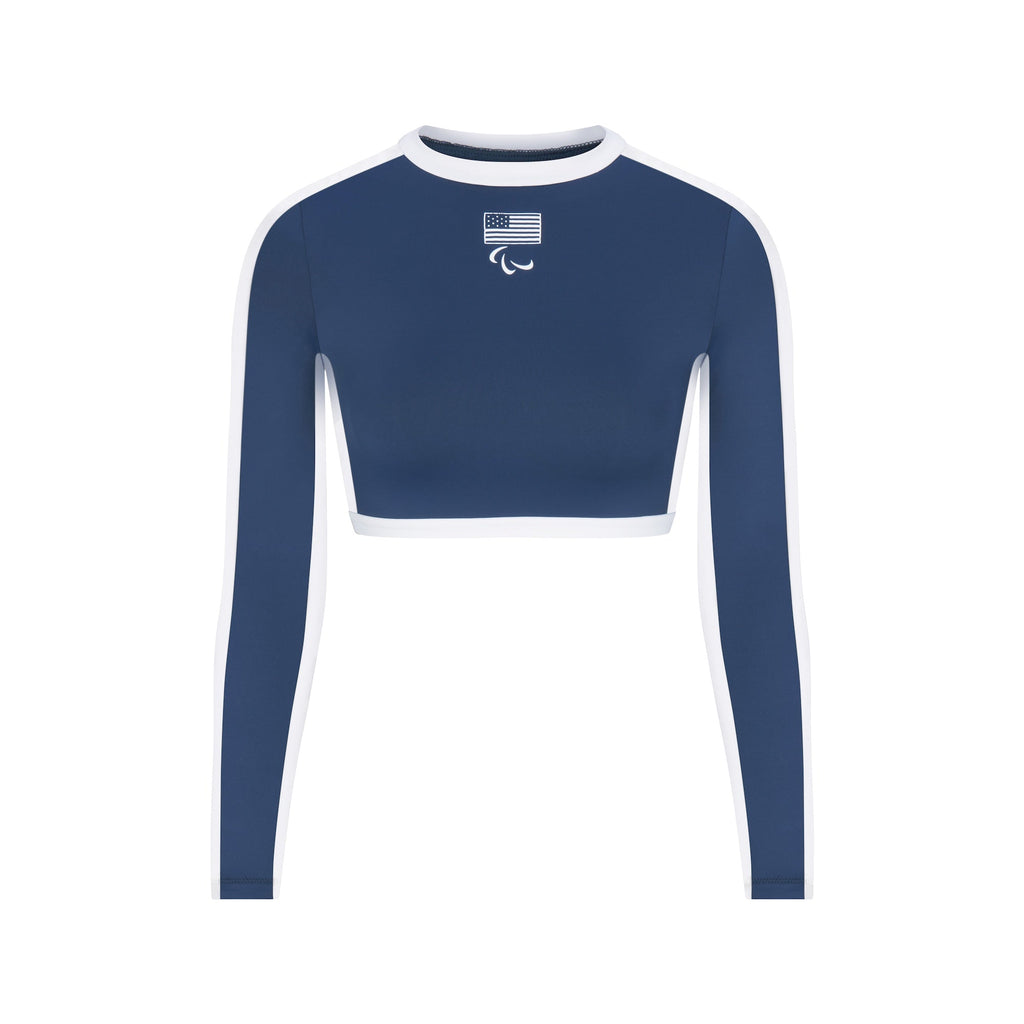 SKIMS FOR TEAM USA SIGNATURE SWIM PARALYMPIC LONG SLEEVE CROPPED T-SHIRT | NAVY
