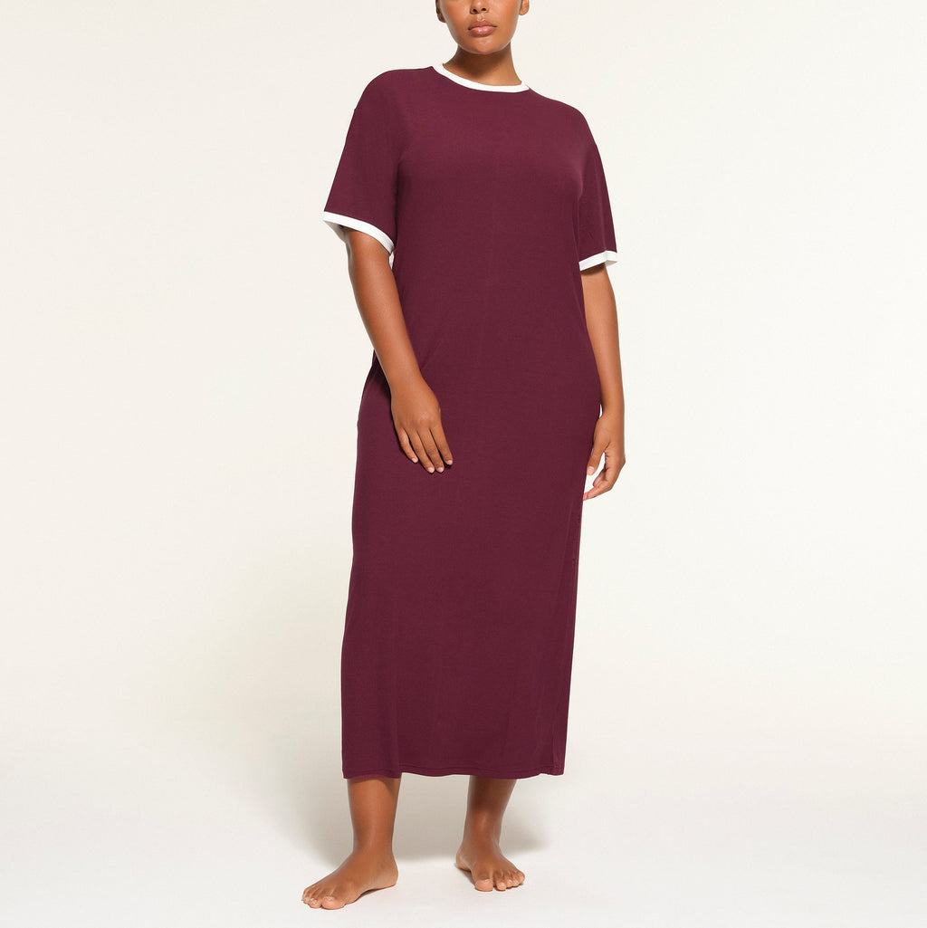 SOFT LOUNGE RINGER T-SHIRT LONG DRESS | MAROON