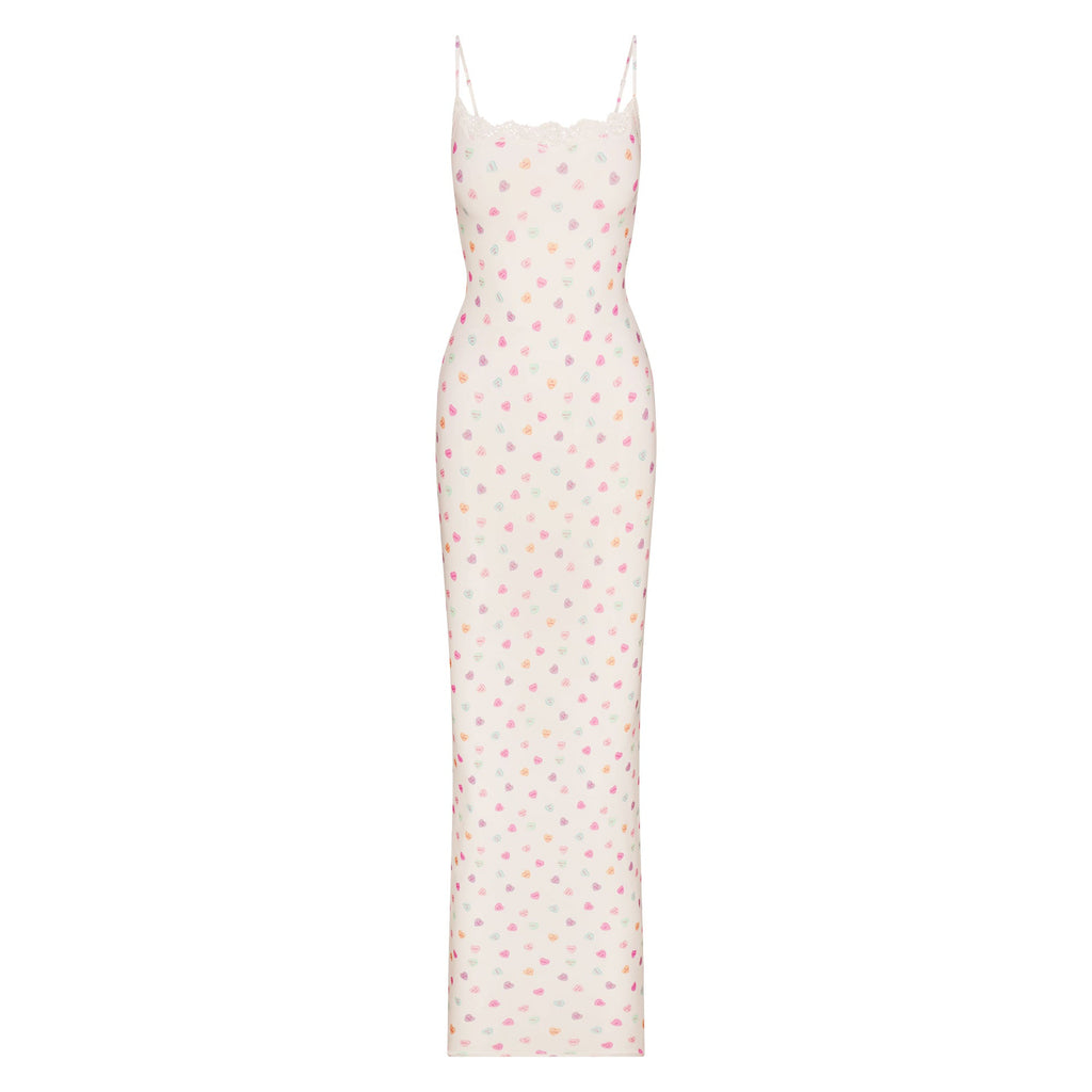 FITS EVERYBODY LACE LONG SLIP DRESS | MARBLE CANDY HEART PRINT