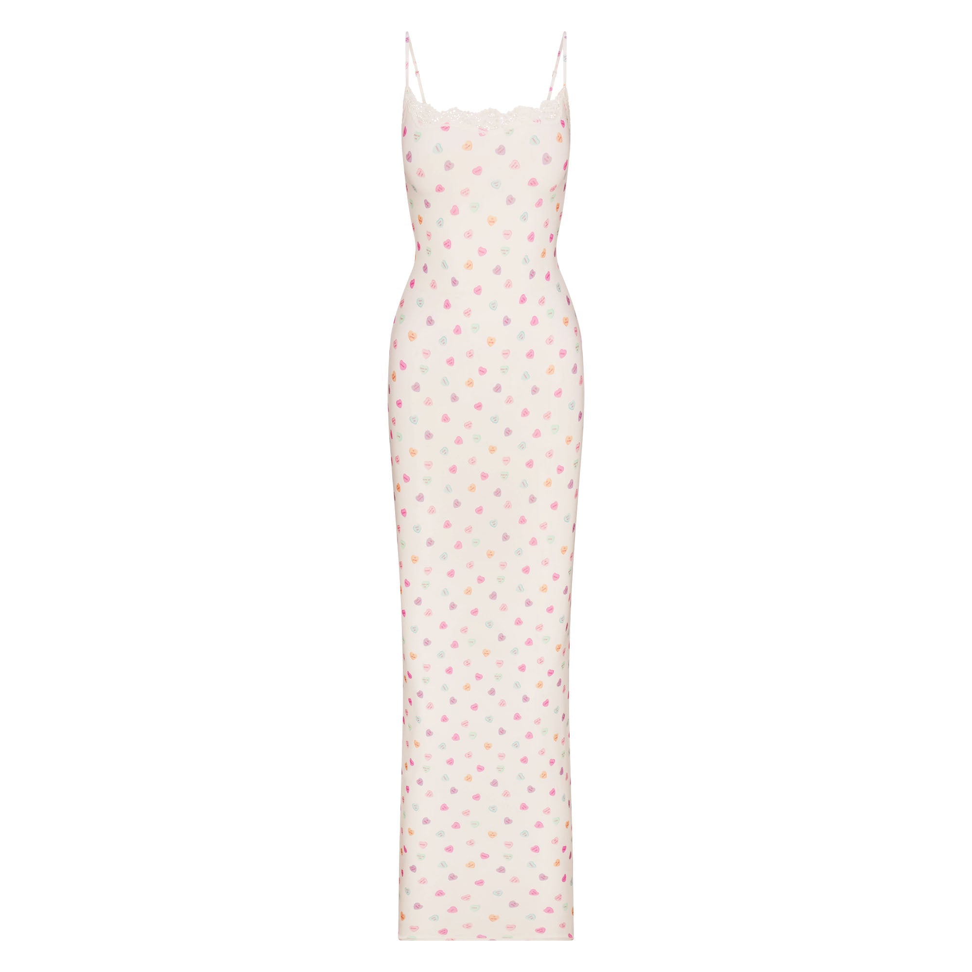 FITS EVERYBODY LACE LONG SLIP DRESS | MARBLE CANDY HEART PRINT