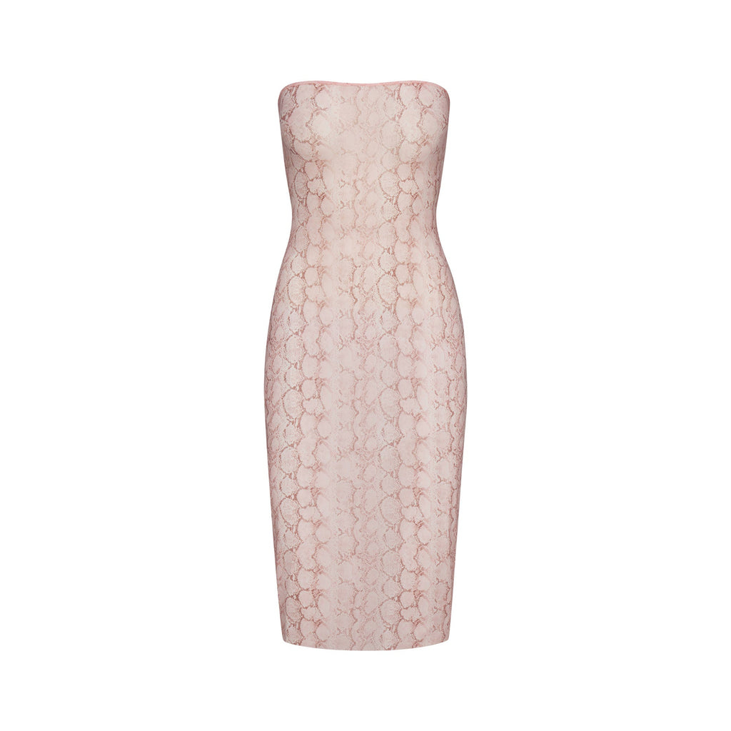 MILKY SHEER MIDI TUBE DRESS | ROSE PASTEL SNAKE PRINT