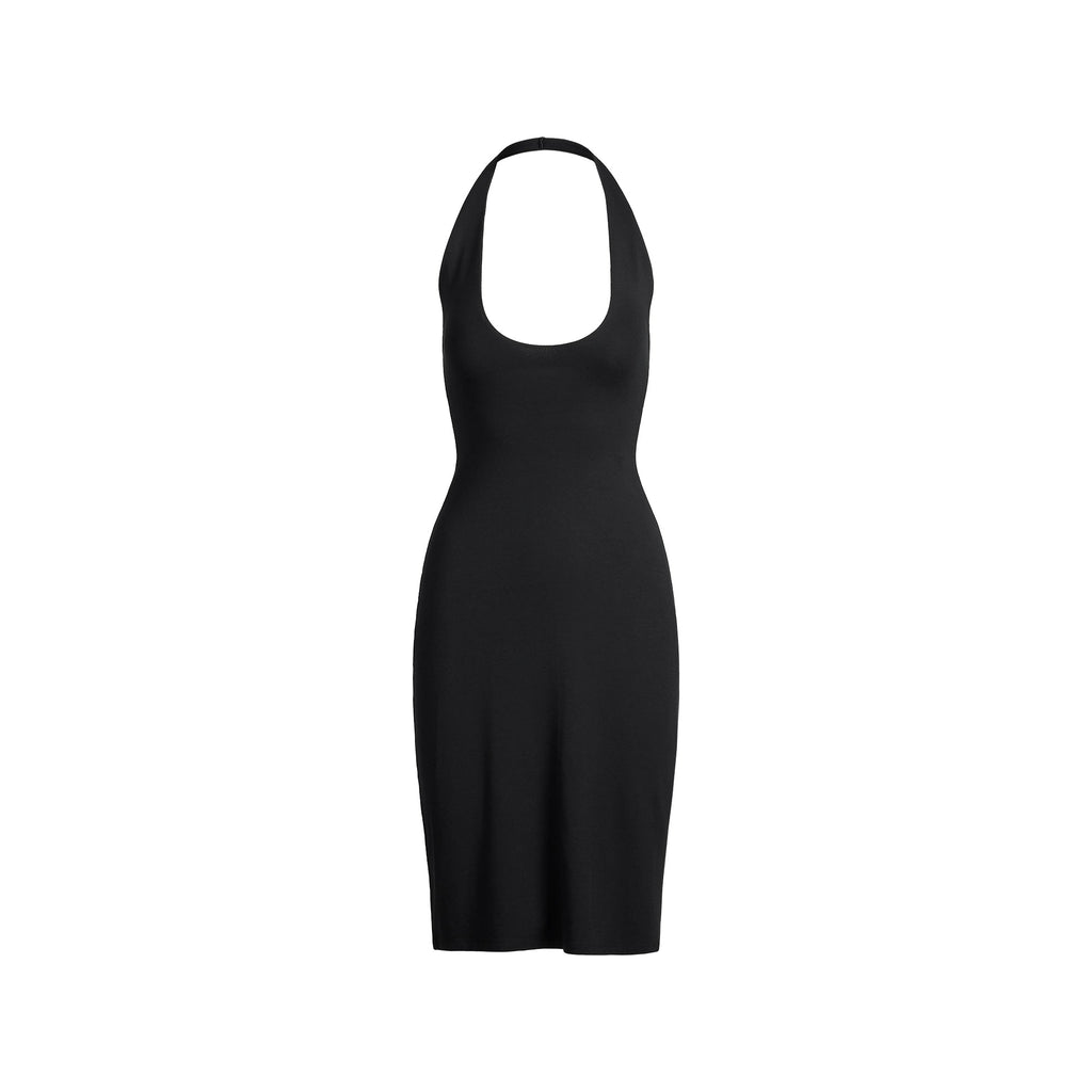 SMOOTH LAYERS PLUNGE HALTER MIDI DRESS | OBSIDIAN