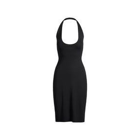 SMOOTH LAYERS PLUNGE HALTER MIDI DRESS | OBSIDIAN