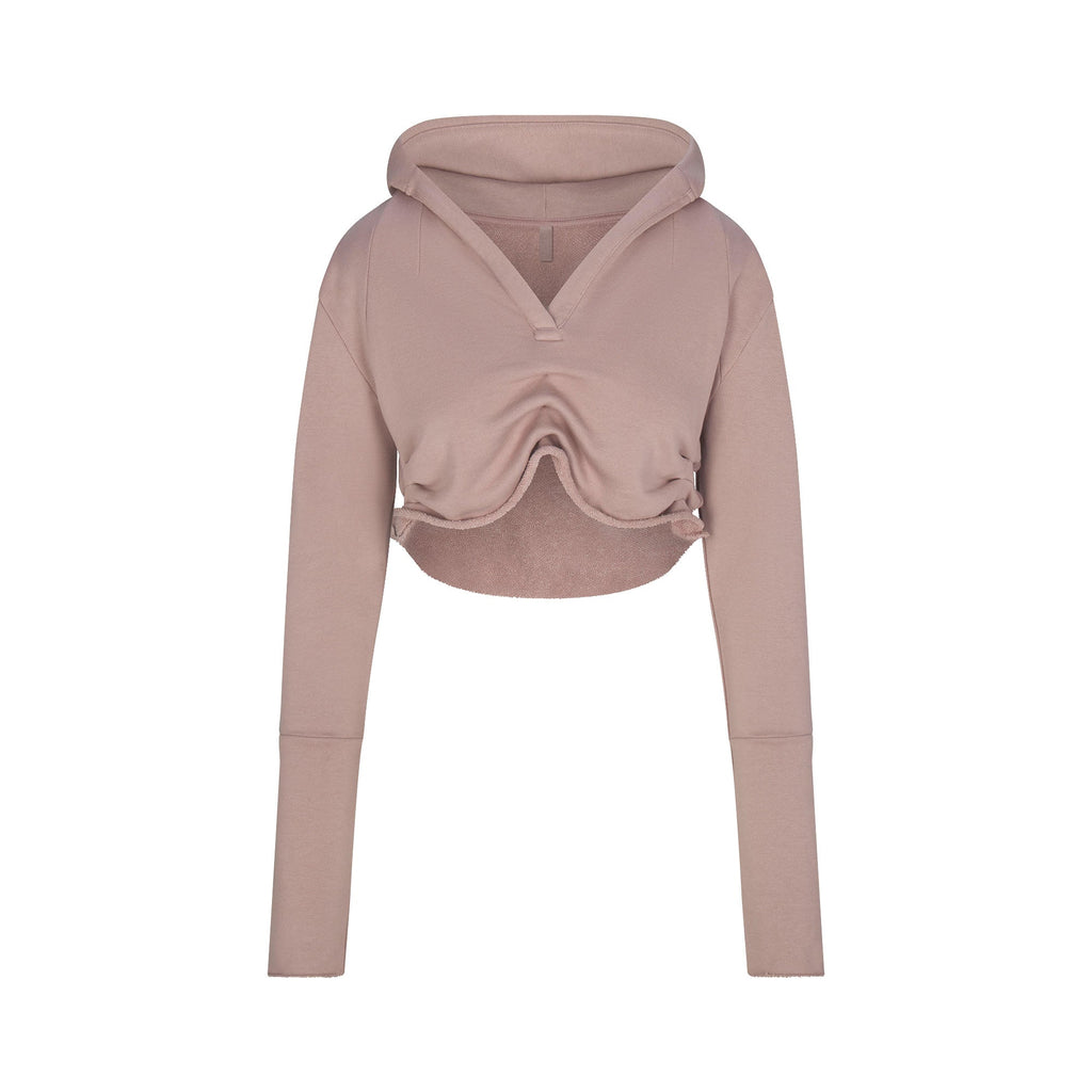 FRENCH TERRY SHOULDER PAD CROPPED HOODIE | FAWN