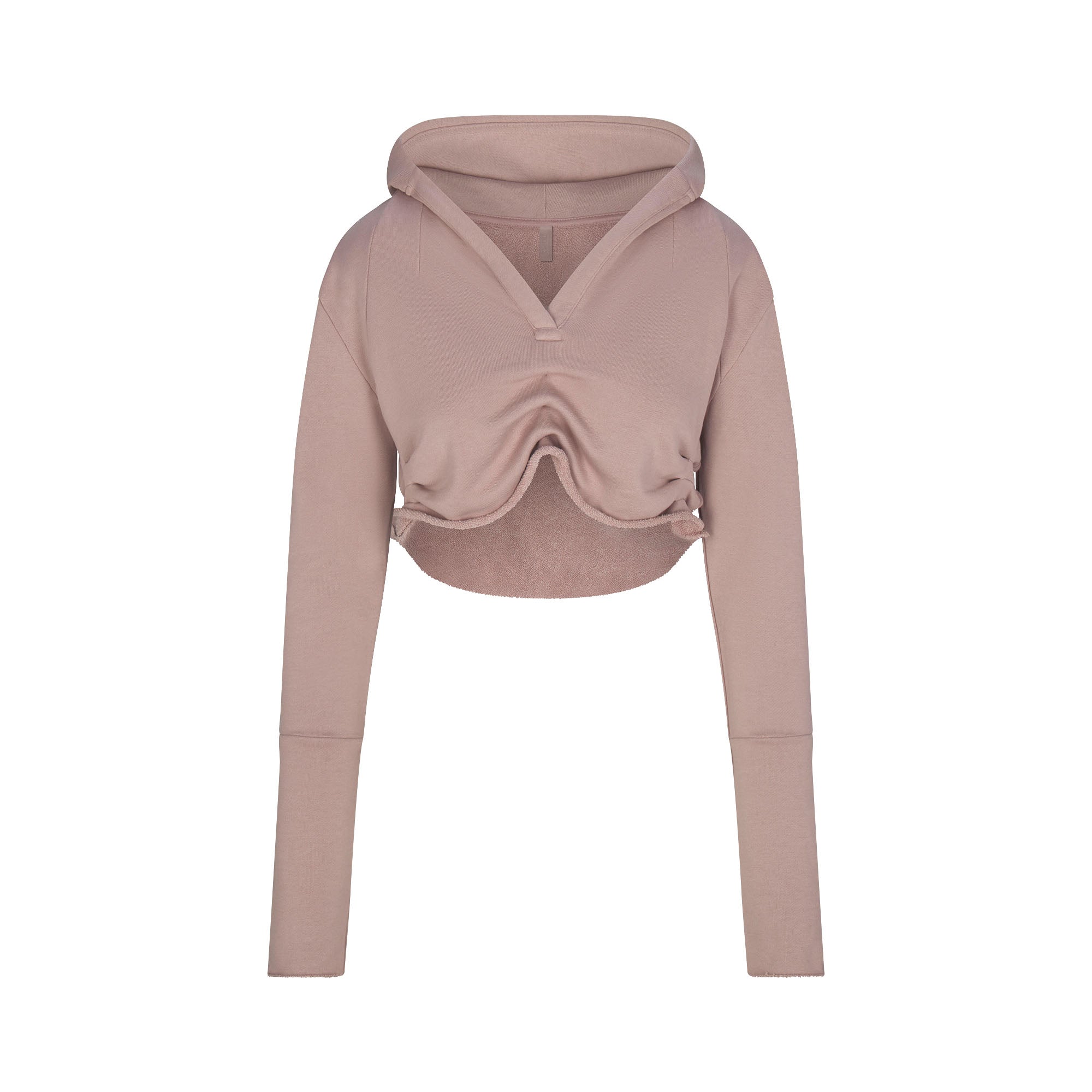 FRENCH TERRY SHOULDER PAD CROPPED HOODIE | FAWN