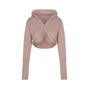 FRENCH TERRY SHOULDER PAD CROPPED HOODIE | FAWN