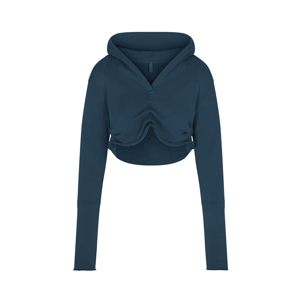 FRENCH TERRY SHOULDER PAD CROPPED HOODIE | INDIGO