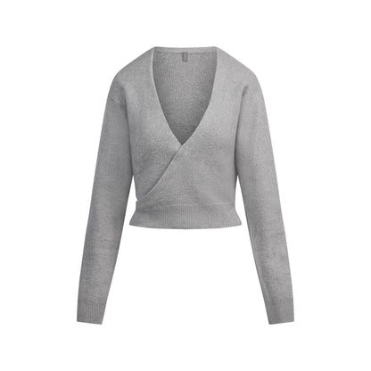 TEXTURED KNIT WRAP SWEATER | DARK HEATHER GREY