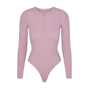 COTTON RIB LONG SLEEVE HENLEY BODYSUIT | DUSK
