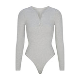 COTTON RIB LONG SLEEVE HENLEY BODYSUIT | LIGHT HEATHER GREY