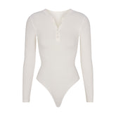 COTTON RIB LONG SLEEVE HENLEY BODYSUIT | MARBLE
