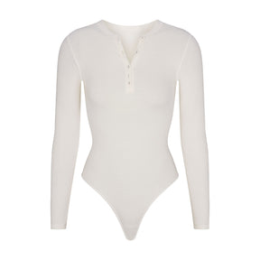 COTTON RIB LONG SLEEVE HENLEY BODYSUIT | MARBLE