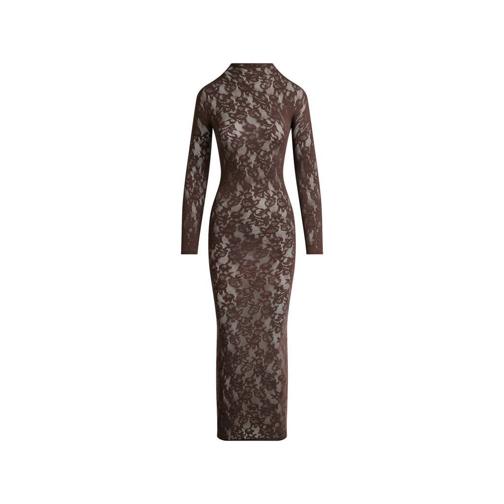 KNIT LACE MOCK NECK LONG DRESS | ESPRESSO