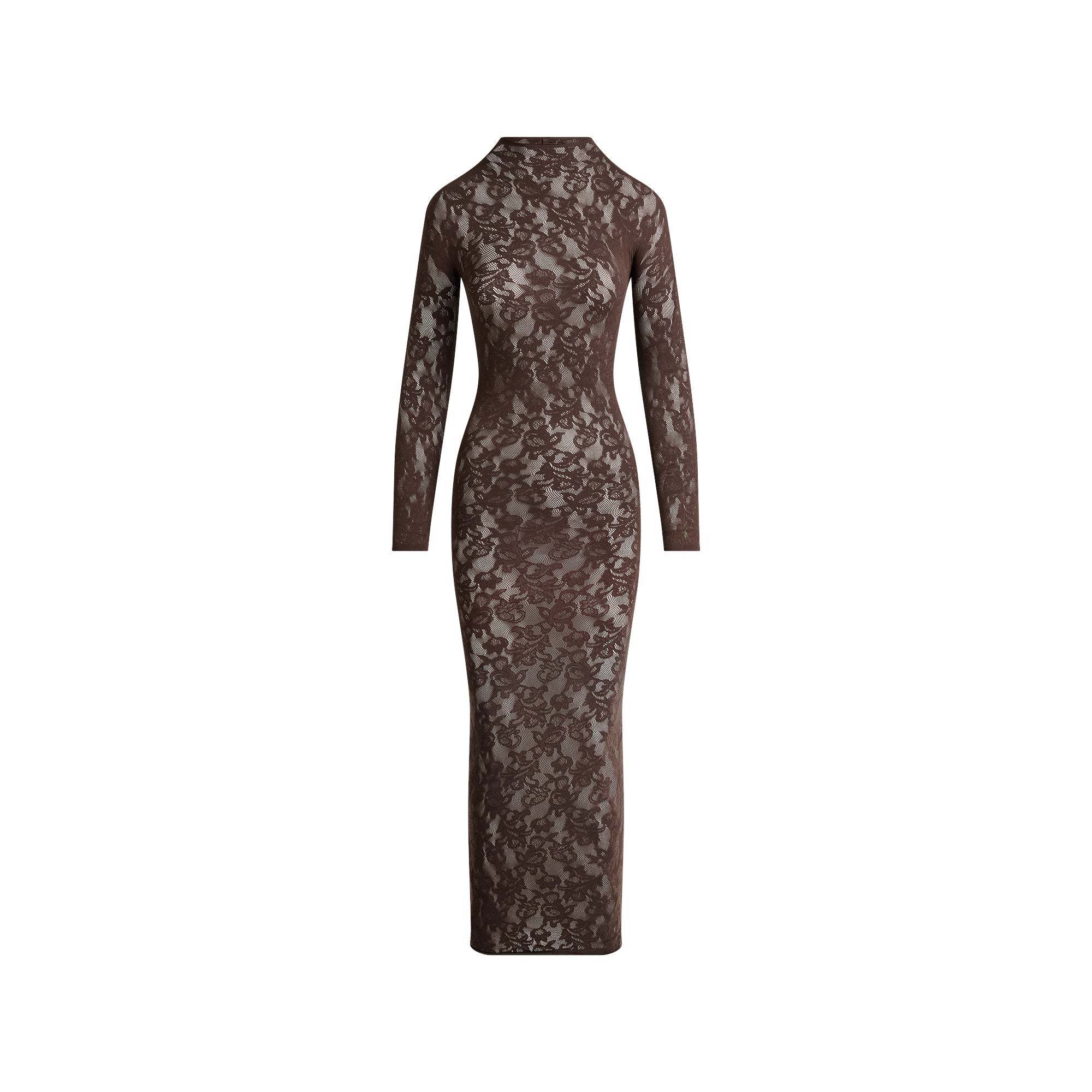 KNIT LACE MOCK NECK LONG DRESS | ESPRESSO