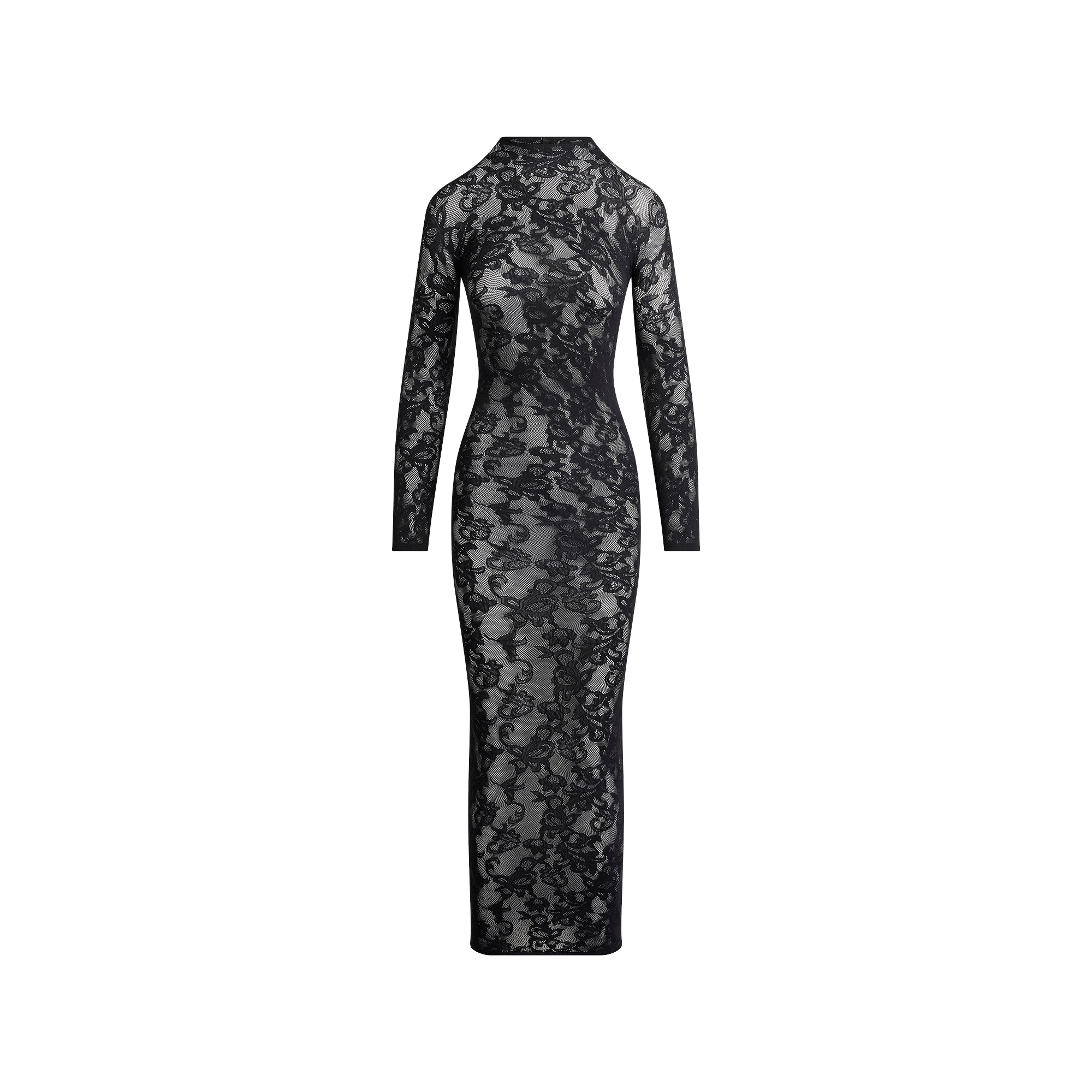 KNIT LACE MOCK NECK LONG DRESS | OBSIDIAN