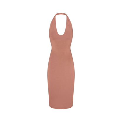 Smooth Layers Plunge Halter Midi Dress
