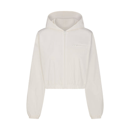Woven Cotton Cropped Zip Up Jacket
