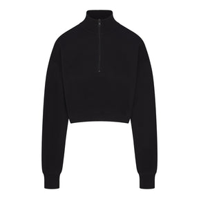 COTTON FLEECE CROPPED HALF ZIP PULLOVER | ONYX