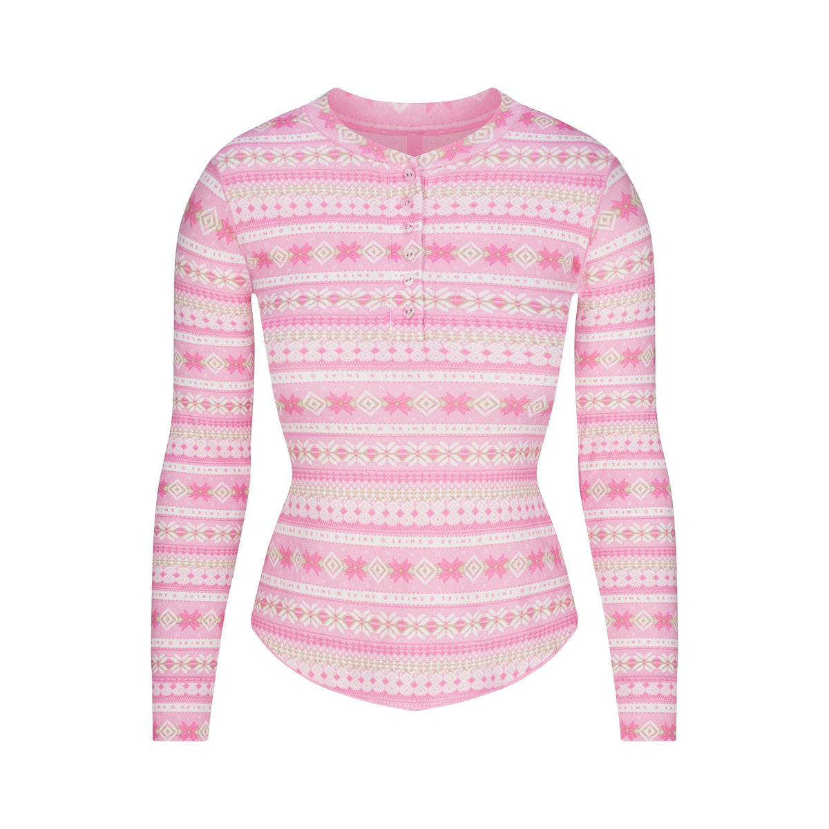 LOGO PLUSH POINTELLE LONG SLEEVE HENLEY | BUBBLE GUM SIENNA FAIR ISLE