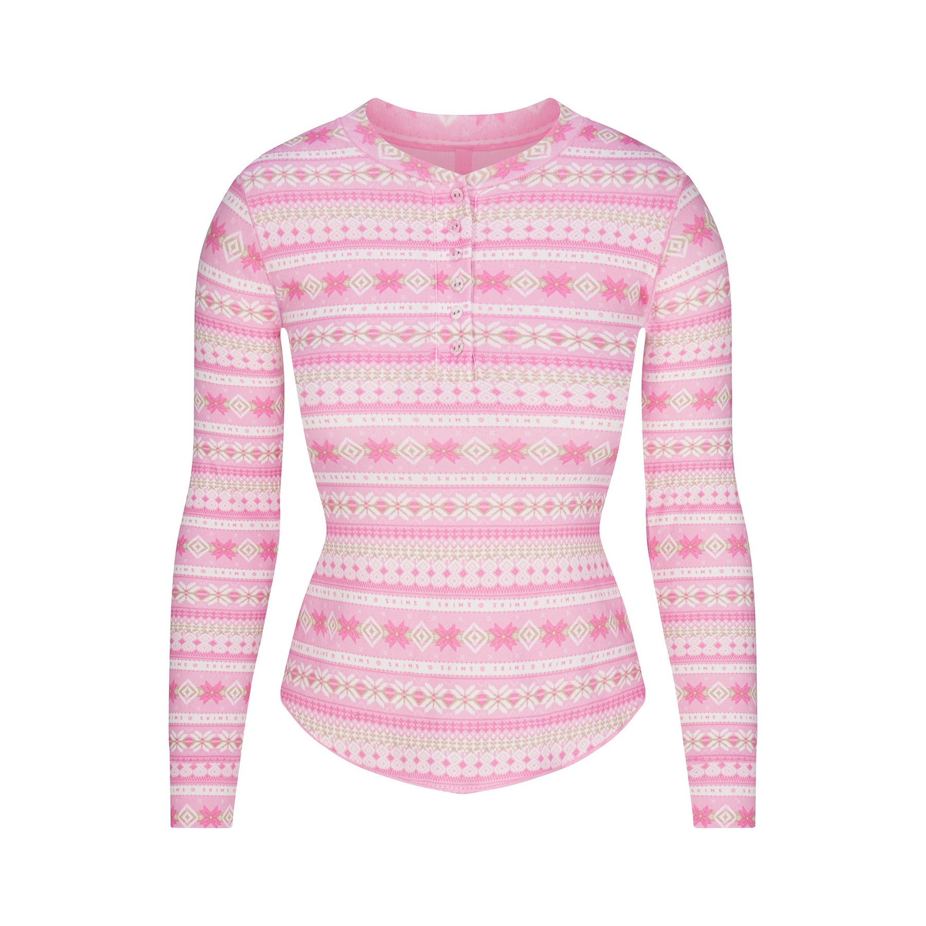 LOGO PLUSH POINTELLE LONG SLEEVE HENLEY | BUBBLE GUM SIENNA FAIR ISLE