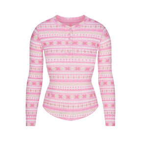 LOGO PLUSH POINTELLE LONG SLEEVE HENLEY | BUBBLE GUM SIENNA FAIR ISLE