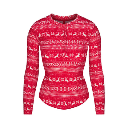 LOGO PLUSH POINTELLE LONG SLEEVE HENLEY | RED DEER FAIR ISLE