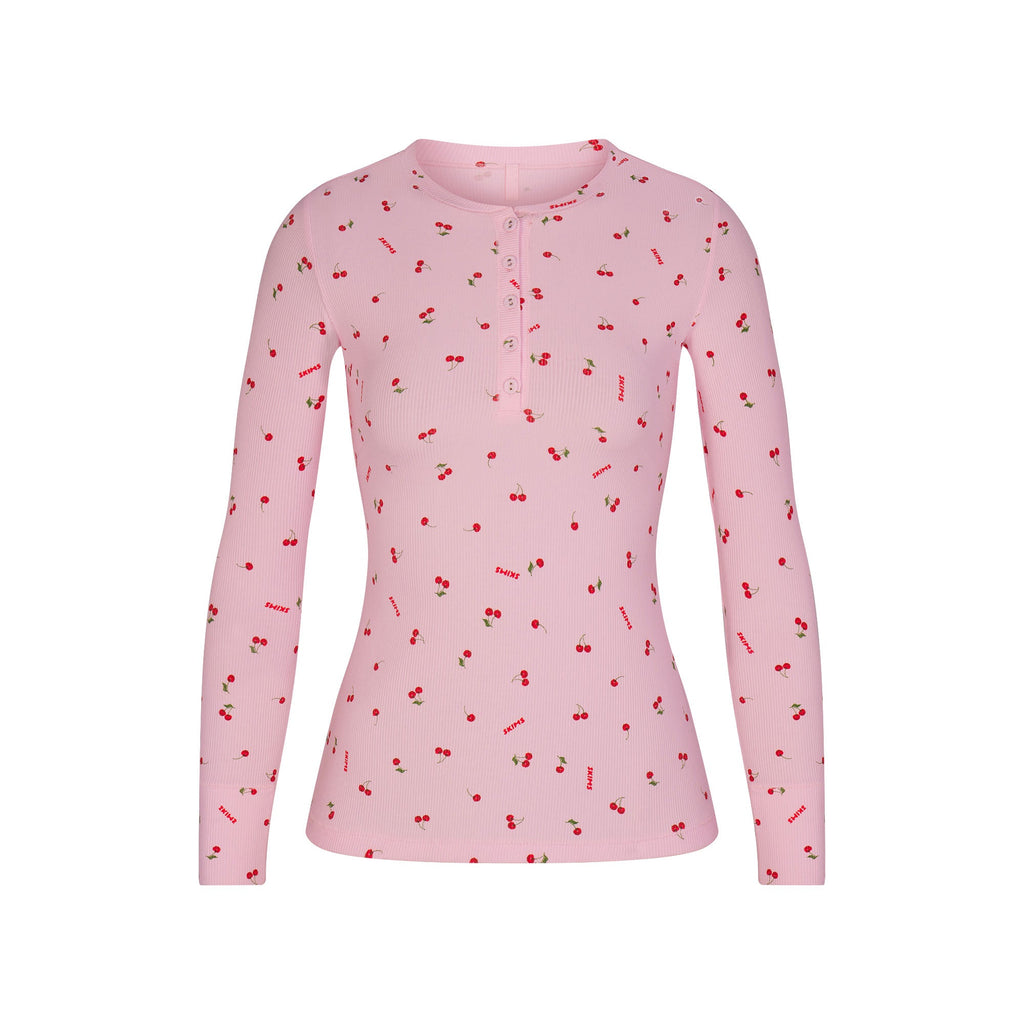 SOFT LOUNGE LONG SLEEVE HENLEY | CHERRY BLOSSOM PRINT