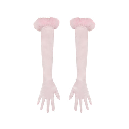 SILK FEATHER TRIM GLOVES | CHERRY BLOSSOM