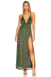 superdown Hailee High Slit Maxi Dress in Green Metallic