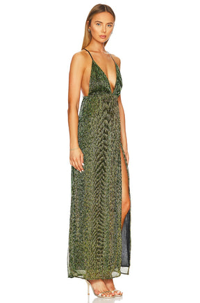 superdown Hailee High Slit Maxi Dress in Green Metallic