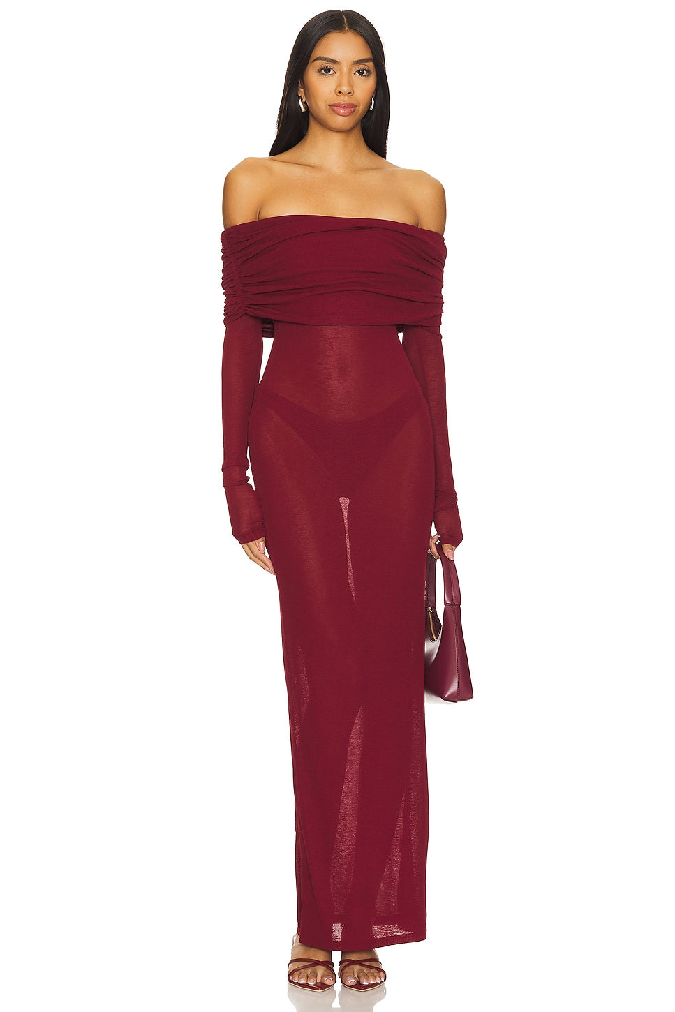 superdown Chantal Sheer Gown in Burgundy