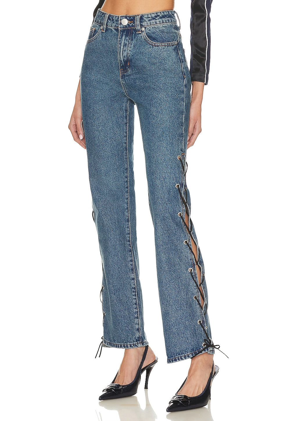superdown Jayda Lace Up Jean in Mid Blue Wash