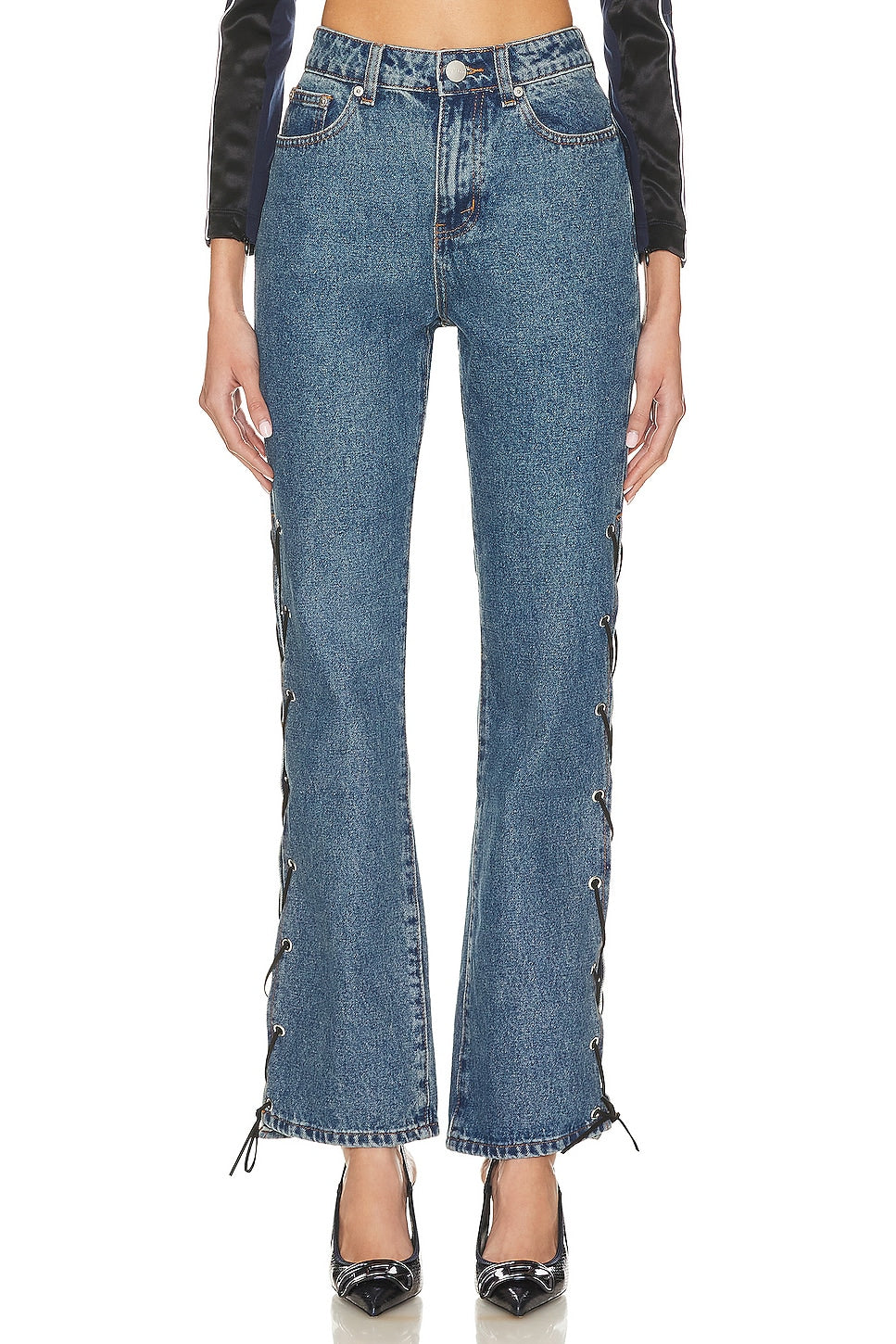 superdown Jayda Lace Up Jean in Mid Blue Wash