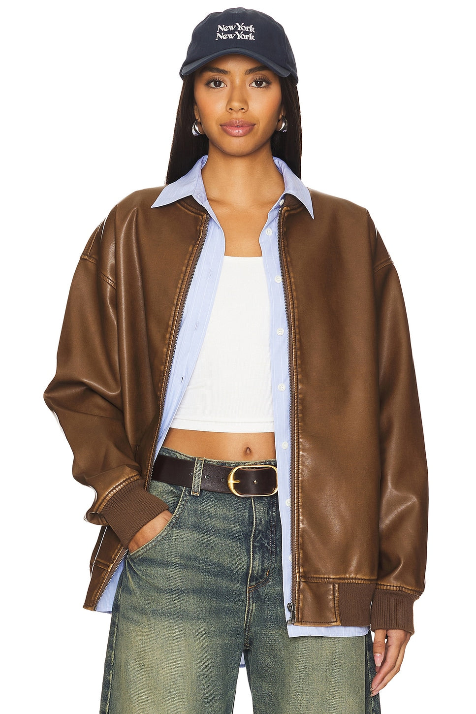 superdown Ariel Faux Leather Bomber in Brown