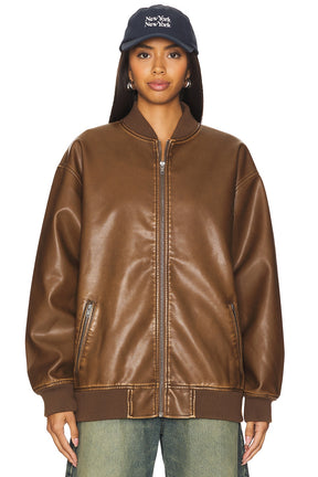 superdown Ariel Faux Leather Bomber in Brown