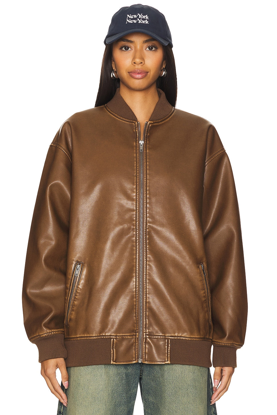 superdown Ariel Faux Leather Bomber in Brown