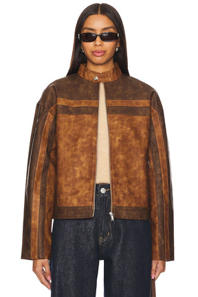 superdown Katrina Faux Leather Moto Jacket in Brown