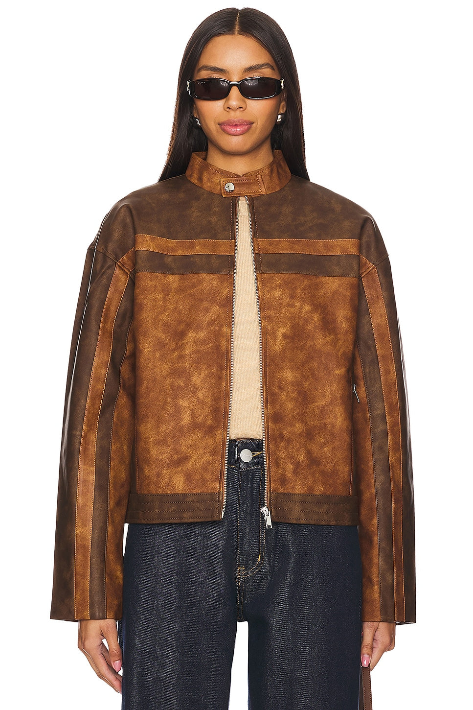 superdown Katrina Faux Leather Moto Jacket in Brown