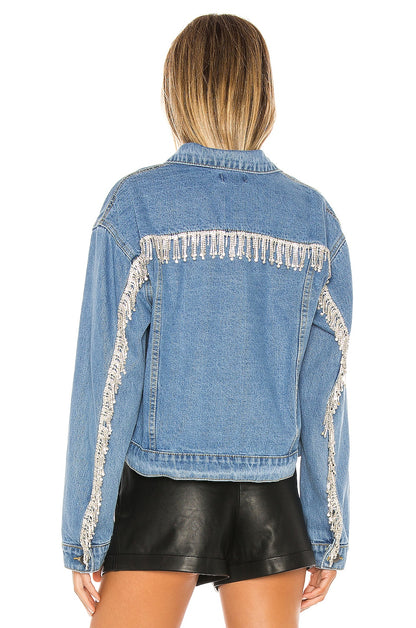 superdown Raya Rhinestone Fringe Jacket in Light Blue Wash