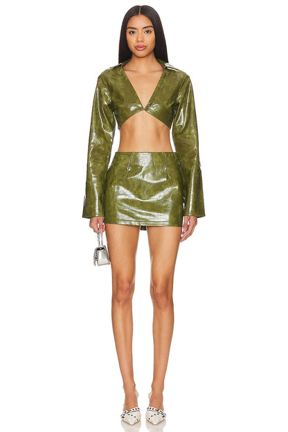 superdown Ethel Faux Leather Skirt in Olive