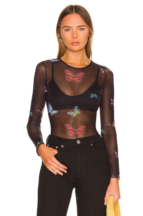 superdown Ari Butterfly Mesh Top in Black