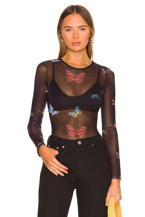superdown Ari Butterfly Mesh Top in Black