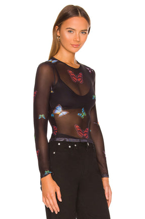 superdown Ari Butterfly Mesh Top in Black