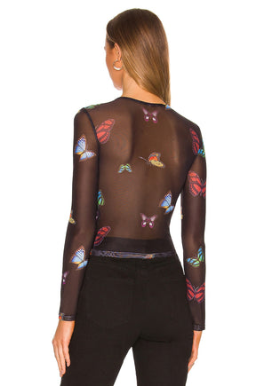 superdown Ari Butterfly Mesh Top in Black