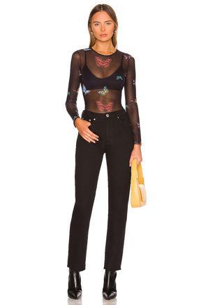 superdown Ari Butterfly Mesh Top in Black