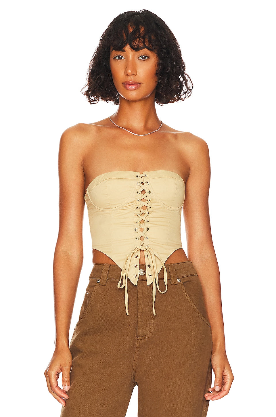 superdown Ashlyn Lace Up Top in Beige