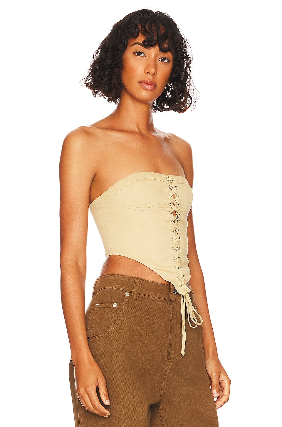 superdown Ashlyn Lace Up Top in Beige