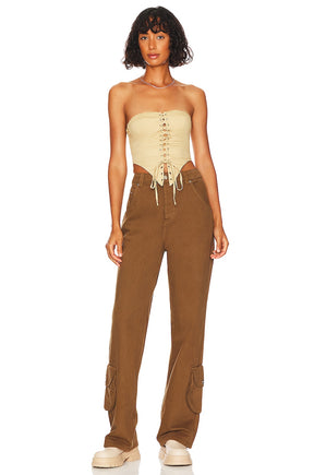 superdown Ashlyn Lace Up Top in Beige