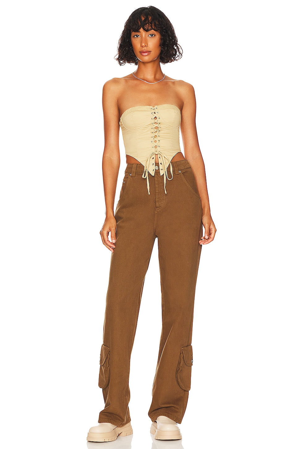 superdown Ashlyn Lace Up Top in Beige