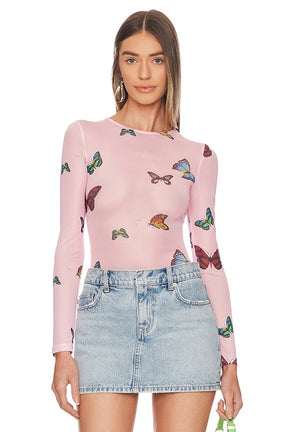 superdown Ari Butterfly Mesh Top in Pink